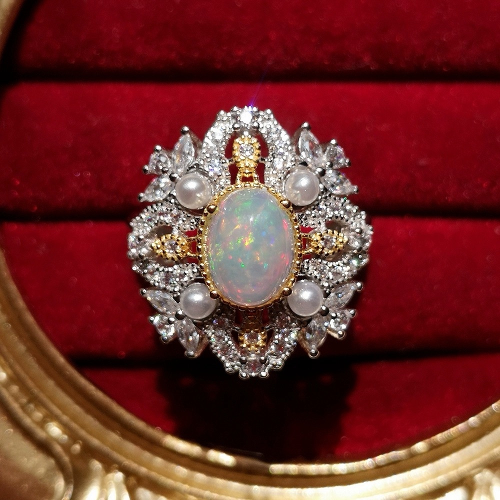 Elegant Opal and Pearl Silver Ring